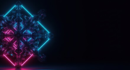 Poster - Abstract Neon Crystal Structure in Dark Background Futuristic 3D Render