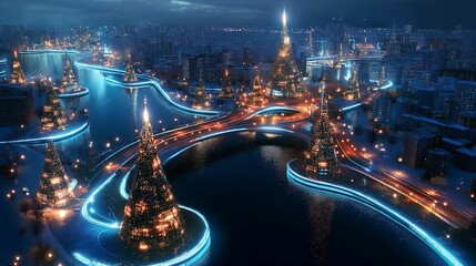 Poster - A sci-fi utopian city with gravity-defying buildings and glowing rivers