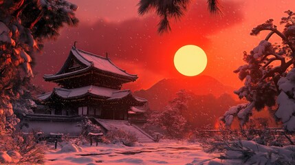 Poster - A snow-covered Japanese temple under a red sun during sunset