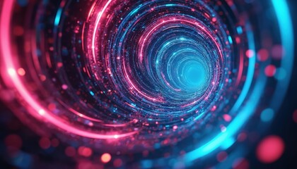 Poster - Abstract digital art with neon lights tunnel. Futuristic, colorful vortex swirl with dynamic fluid energy. Glowing radiant effect in high resolution with dimensional psychedelic visuals.