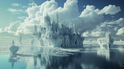 Poster - A surreal frozen ocean with icebergs in the shape of floating castles