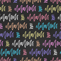 Wall Mural - Abstract Seamless Grunge Pattern of Chalk Drawn Sketches Colorful  Scribbles on Black Chalkboard Backdrop. Children Print.