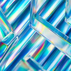 Wall Mural - Abstract colorful digital transparent glass structure wallpaper. Crystal 3D geometric forms catch and reflect light, creating prismatic effects and subtle rainbow refractions background.