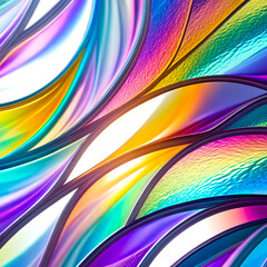 Wall Mural - Abstract colorful digital transparent glass structure wallpaper. Crystal 3D geometric forms catch and reflect light, creating prismatic effects and subtle rainbow refractions background.