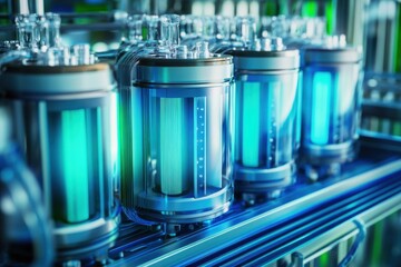 Poster - Modern energy storage technology displayed in a laboratory setting with blue lighting effects