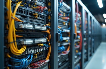 Poster - Telecommunication cabinet filled with network devices. Server equipment, fiber optic cables, data center interior. Configure network, internet in enterprise. Network architecture, data storage.