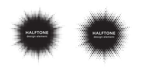 Poster - Halftone circle frame background set. Round border Icon using halftone random circle. Grunge circular stain. Vector illustration.