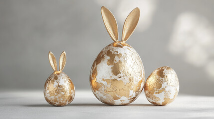 Aufkleber - Three golden and white Easter eggs, two with bunny ears, rest on a light gray surface, creating a festive Easter display
