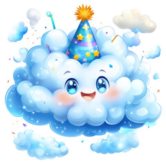 Wall Mural - Cloud's Birthday Bash: A cheerful cartoon cloud, donning a party hat, is set against a sky background, exuding a sense of celebration and joy.