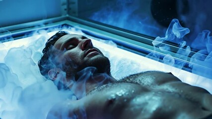 Poster - This man lies in a cryogenic chamber surrounded by mist, showcasing advanced preservation techniques.