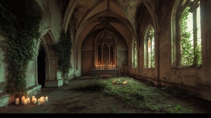 Poster - An abandoned cathedral overtaken by creeping vines and soft candlelight.