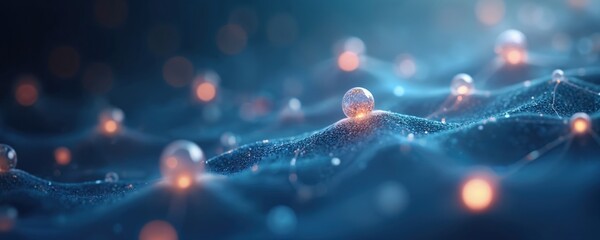 Poster - Abstract connection of hydrogen molecules, blue background. Transparent microscopic spheres, interconnected network. Science, chemistry, physics, technology, digital art, futuristic design, nano