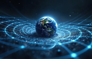 digital illustration planet earth surrounded by gravitational waves concept. curved spacetime visual
