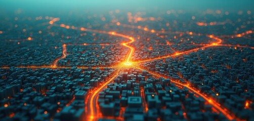 Poster - cityscape illustration with glowing network data visualization. urban growth, population density, co