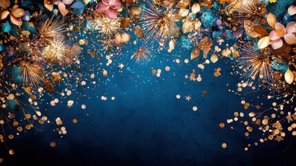 Poster - Mesmerizing Fireworks Display with Warm Golden Tones Cascading Across a Vibrant Blue Background