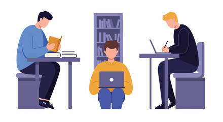 Poster - Students Engaged in Learning Activities in a Library Flat Vector Art