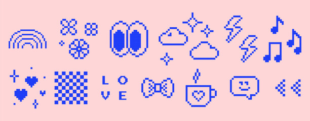 Poster - Y2k inspired pixel icons. Retro pixel art sticker set. Rainbow. Eyes. Heart. Flower. Bow. Mood of 90s. 8bit digital style editable vector illustration. Simple geometric pattern. Game abstract elements