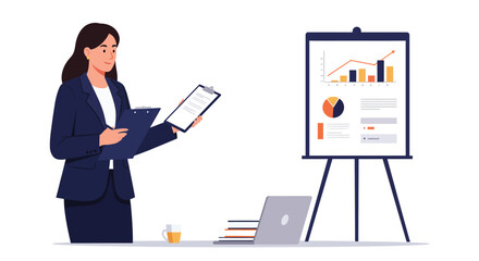 Poster - businesswoman presenting data insights in minimal flat vector art