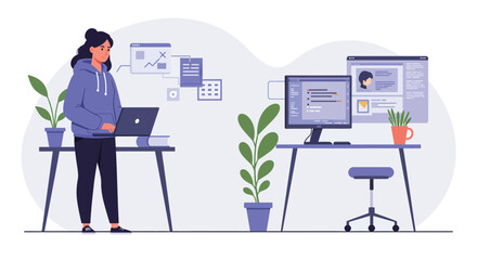 Poster - Woman in hoodie working at desk in flat minimal vector art