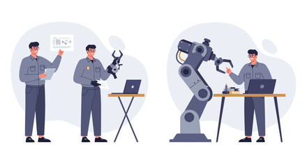 Poster - Robot interaction in modern workplace minimal vector illustration