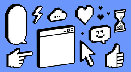 Fototapete - 3D pixel art black elements seton blue. Y2k inspired trendy collage stickers. Window frame, smile face. Mood of 90's. 8bit retro style vector illustration. Digital geometric shape. Game abstract icons