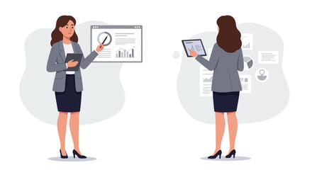 Poster - Professional woman transitioning from presentation screen to tablet in flat vector illustration