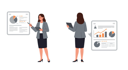 Poster - Professional businesswoman presenting data with graphs in flat vector illustration