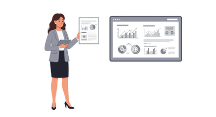 Poster - Businesswoman presenting data analysis in flat design vector art illustration