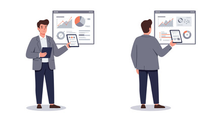 Poster - Businessman interacting with data screens in flat vector art style vector illustration