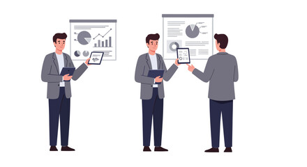 Poster - businessman presenting data in two frames with flat design vector art