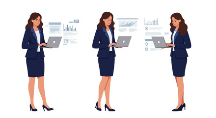 Poster - Professional businesswoman using laptop in flat vector illustration with data visualizations and graphs