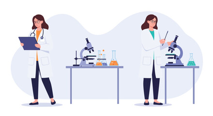 Poster - Scientist in lab coat working with equipment in flat vector illustration