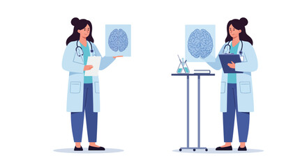 Poster - Doctor examining brain scan in detailed flat vector illustration