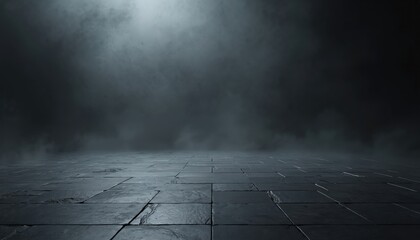 Poster - Dark stone floor with fog background. Empty space for product placement presentation. Grey abstract scene. Perfect for product placement. Grunge style, vintage tone. Illustration for tech, design