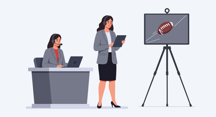 Poster - business meeting with two women discussing sports strategy in flat vector art