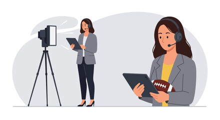 Poster - Woman presenting in a studio setting with technology in flat vector art