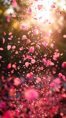 Wall Mural - Pink petals rain down creating a vibrant, blurred effect with a soft glow of light filtering through trees