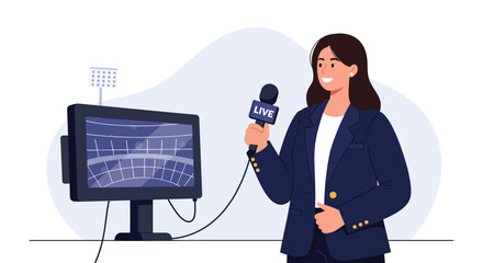 Poster - Female reporter holding microphone in front of monitor flat vector art