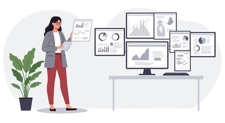 Poster - Businesswoman presenting data analysis with multiple screens in flat vector art