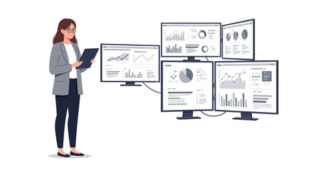 Poster - Businesswoman analyzing data on multiple screens in detailed vector illustration