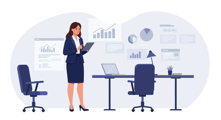 Poster - businesswoman presenting data in modern office flat vector illustration