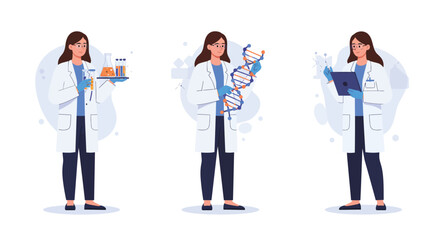 Poster - Scientist conducting experiments in flat vector art style showcasing various research activities in three frames
