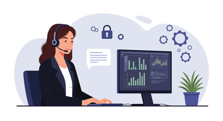Poster - businesswoman working with headset on computer in flat vector art