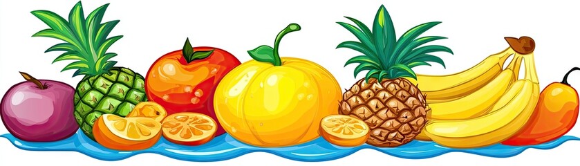 colorful array of fresh fruits, including pineapples, bananas, oranges, and a plum