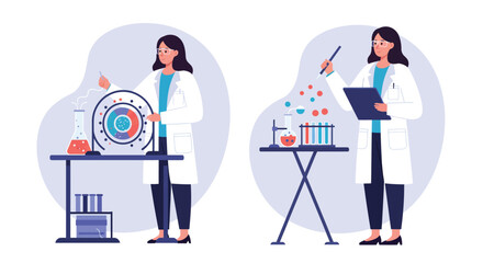 Poster - Scientist conducting experiments in laboratory with flat design vector art