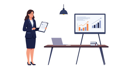 Poster - businesswoman presenting data with charts in modern flat vector art