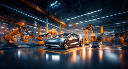 Poster - Futuristic factory with robotic arms assembling a sleek vehicle. Automated production line in a modern industrial setting. Manufacturing process.