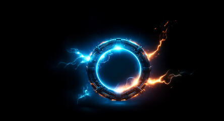 Poster - Circular metallic object emitting vibrant blue and orange electric arcs against a dark background, creating a futuristic and energetic visual.