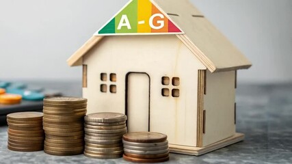 Poster - Wooden house with energy rating sticker next to coins and calculator on a gray surface