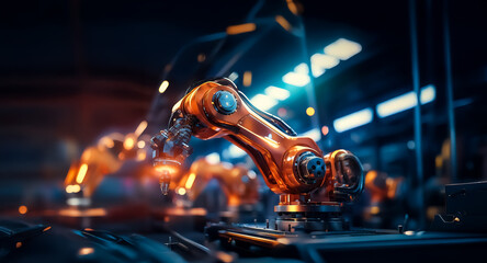 Poster - Automated robotic arms in a dimly lit factory setting with dramatic orange and blue lights highlight the machinery of industrial production and technological advancement.